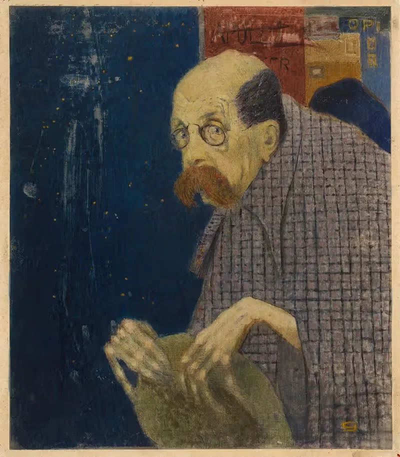 Peter Altenberg, vor einer Plakatwand, Karikatur — Gustav Jagerspacher