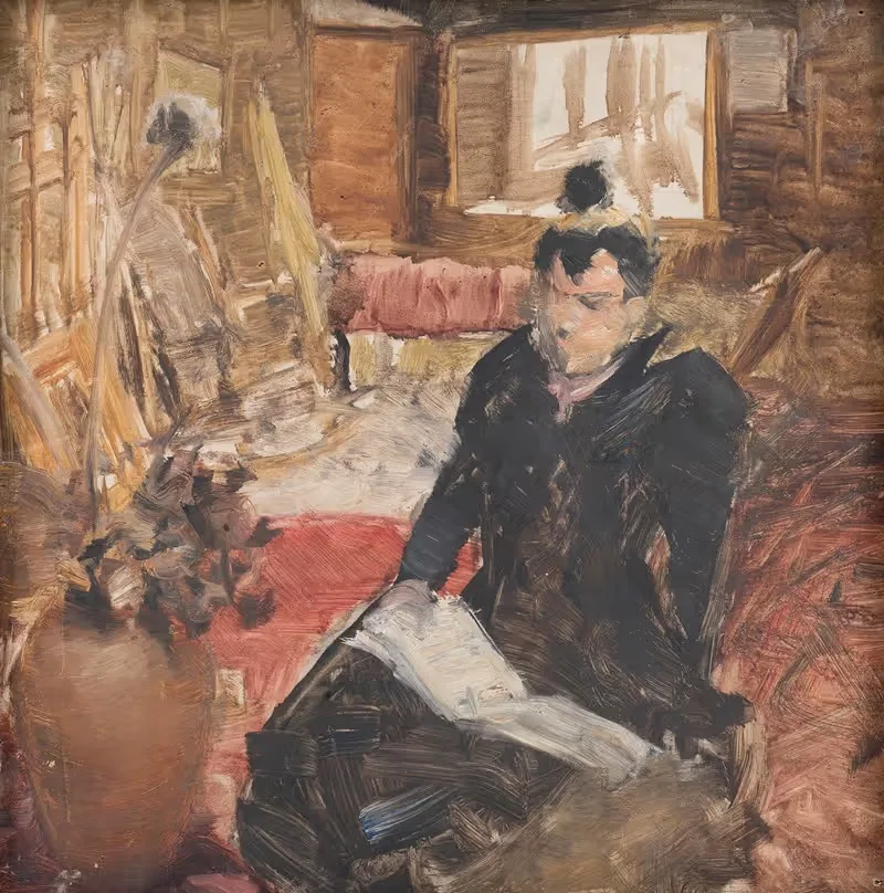 Study of a woman reading while sitting on the studio floor — Josef Engelhart