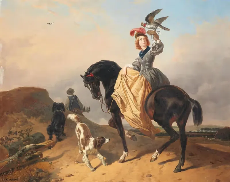 Falknerin auf einem schwarzen Pferd — Josephus Jodocus Moerenhout