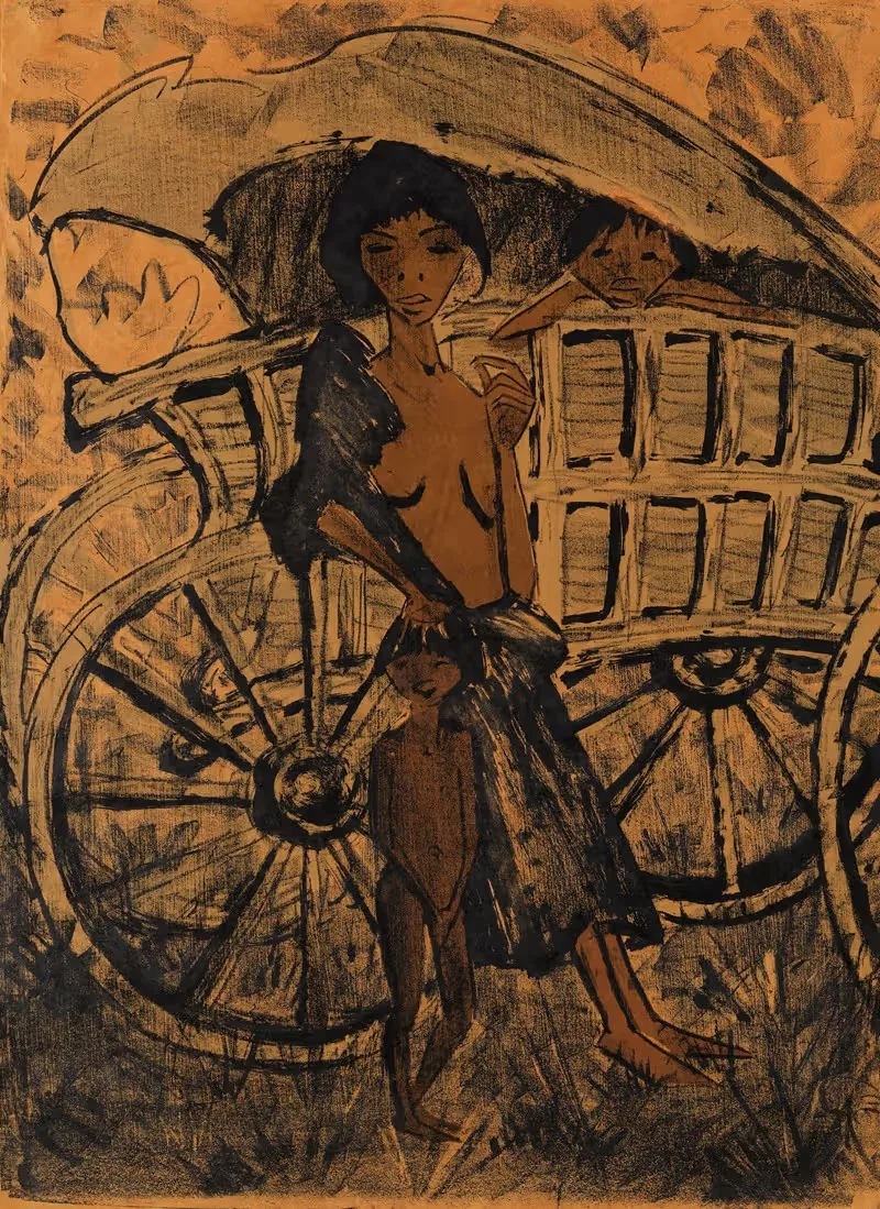 Zigeunerin mit Kind vor dem Planwagen — Otto Mueller