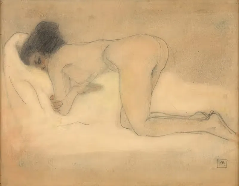 Naked woman squatting — Armand Rassenfosse