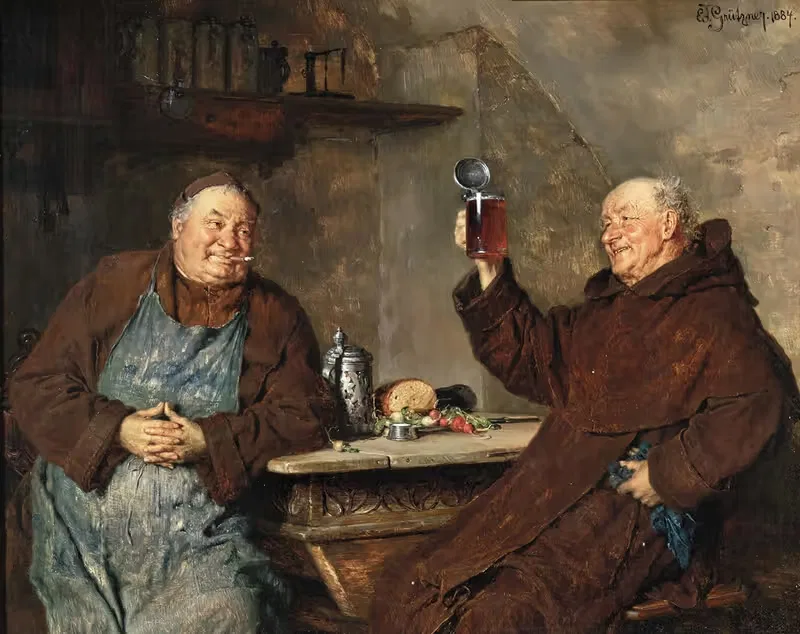 Два монаха за трапезой в монастырском подвале by Эдуард фон Грюцнер, 1884 — digital art print download