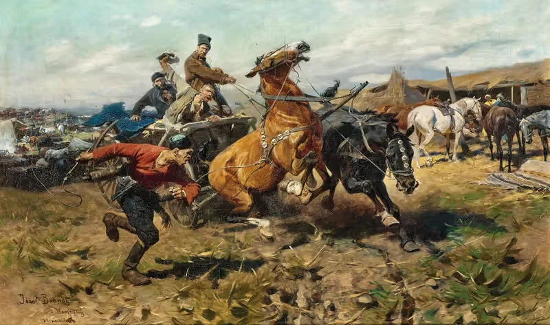 Лошади на подиуме (Переправа) by Юзеф фон Брандт, 1906 — digital art print download