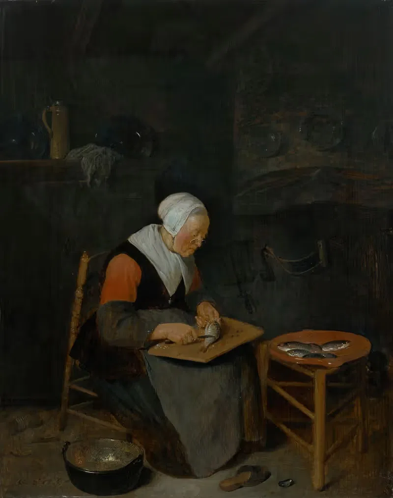 An elderly woman scaling fish in an interior — Quiringh Van Brekelenkam