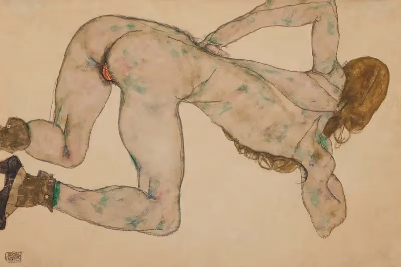 Ню, наклонившаяся, левая рука на бедре by Эгон Шиле, 1914 — digital art print download