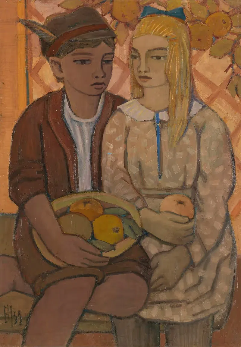 Два ребенка с фруктами by Эмиль Маецель, 1939 — digital art print download