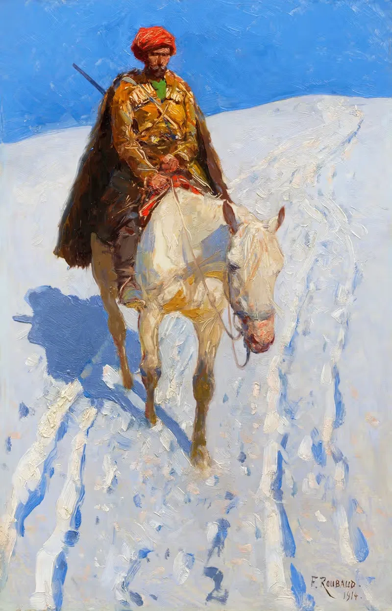 Кавказский всадник в снегу by Франц Рубо, 1914 — digital art print download