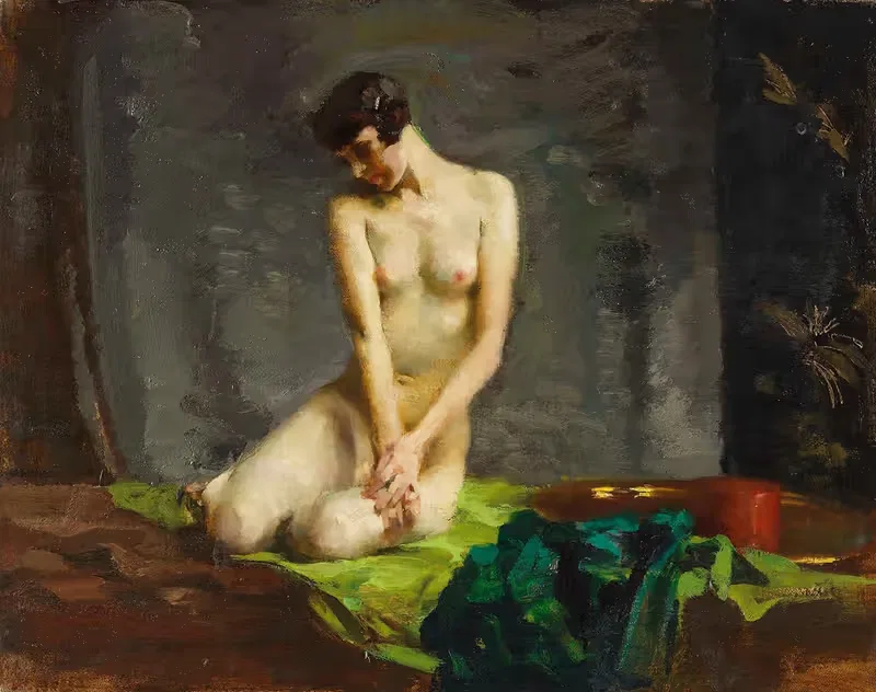 Нагнувшаяся (акт на зелёной ткани) by Рудольф Ниссл, 1920 — digital art print download