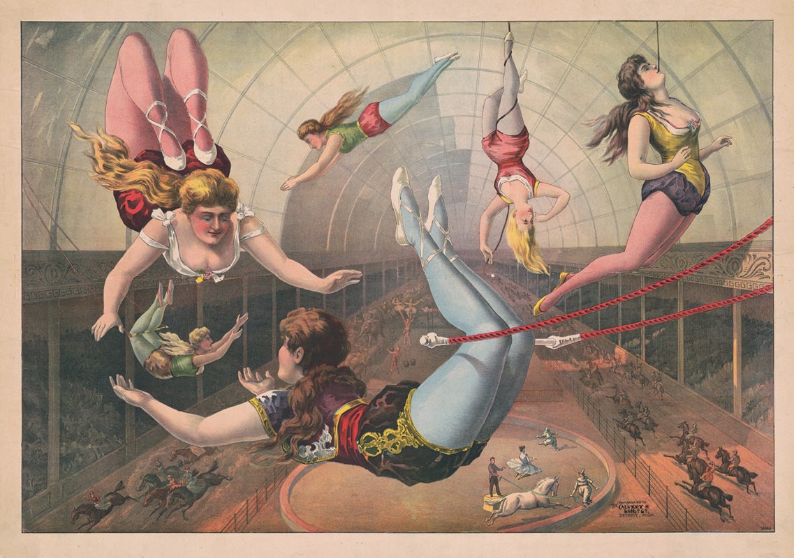 Female acrobats on trapezes at circus — Calvert Litho. Co