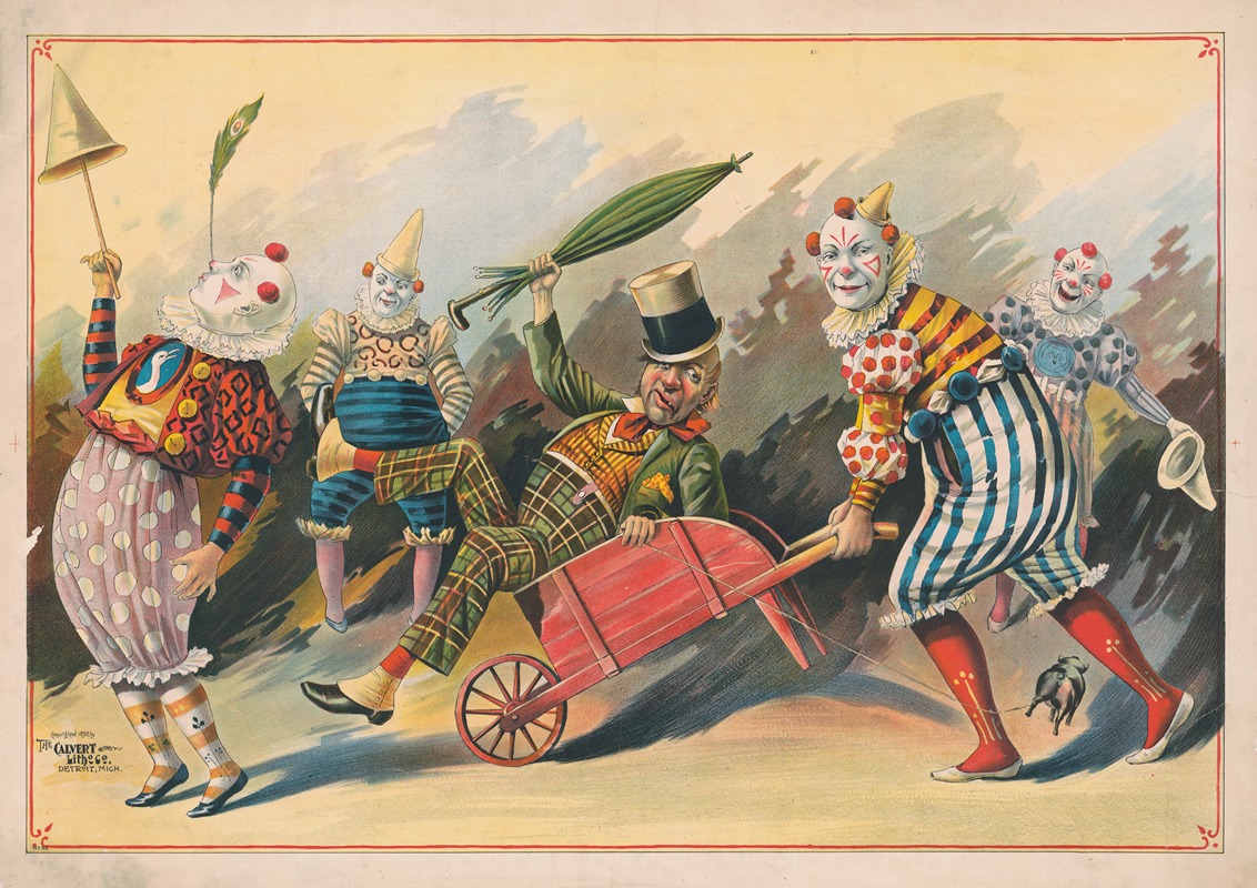 Five clowns with one in wheelbarrow by Кэлверт Литографическая Компания, 1890 — digital art print download