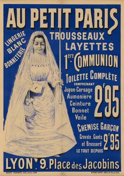 Au Petit Paris- lingerie, trousseaux… 1ére communion… Lyon by Affiches Pichot, 1870-1880 — digital art print download