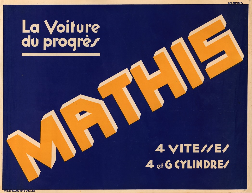 Mathis. La voiture du progrès, 4 vitesses et 4 cylindres by Аноним, 1930 — digital art print download