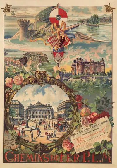 Chemins de Fer P.L.M. Lac du Bourget, Genève, Monaco, Château de Pierrefonds by Carlo Cussetti, 1890 — digital art print…
