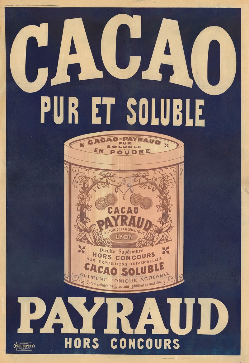Cacao pur et soluble Payraud by Имп. Поль Дюпон, 1900 — digital art print download