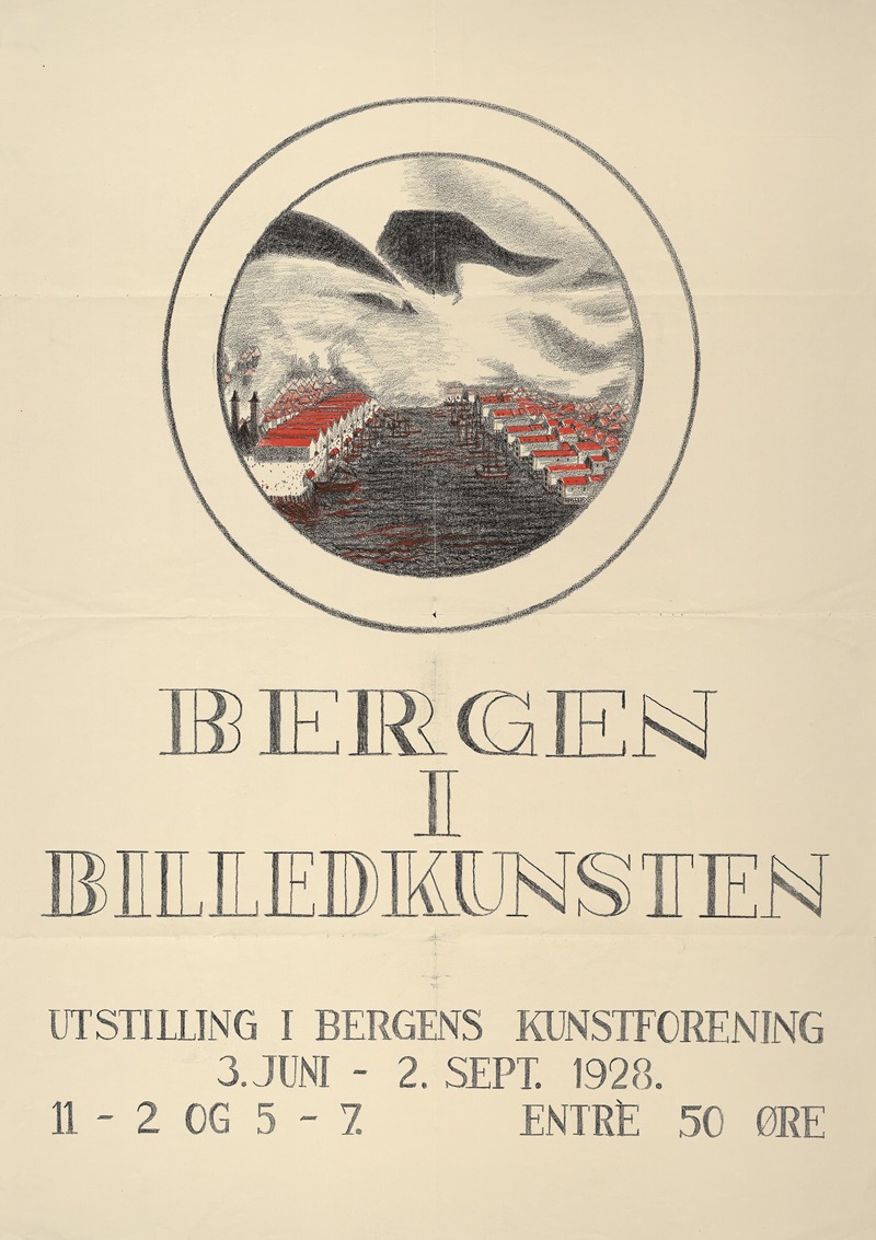 Bergen i billedkunsten by John Grieg lito, 1928 — digital art print download