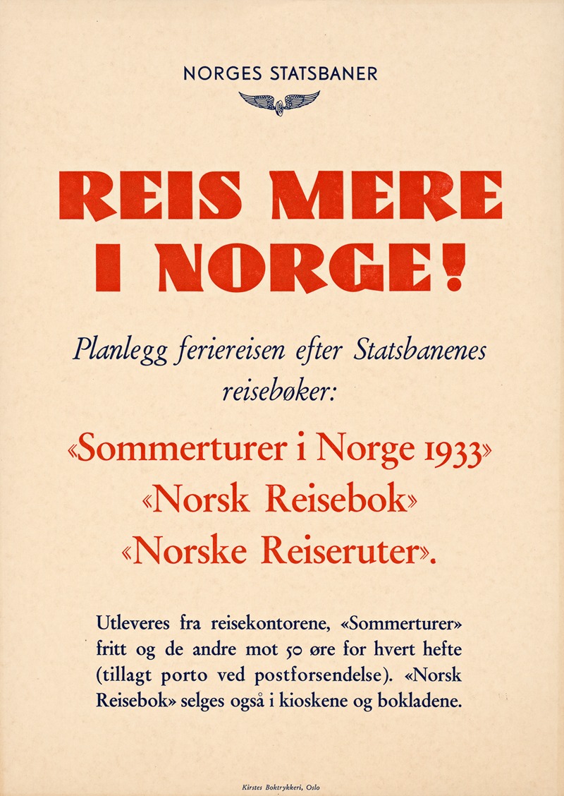 Reis mere i Norge! by Kirstes boktrykkeri, 1940 — digital art print download