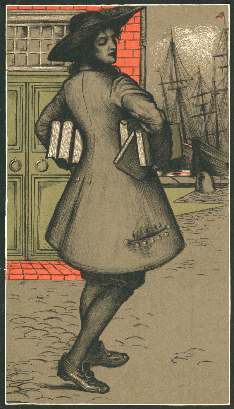 Jüngling mit Büchern unter dem Arm vor Hafen — Anonymous