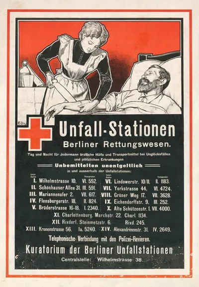 Unfall-Stationen Berliner Rettungswesen. Tag und Nacht für Jedermann ärztliche Hilfe by Emil Doepler, 1905 — digital art…