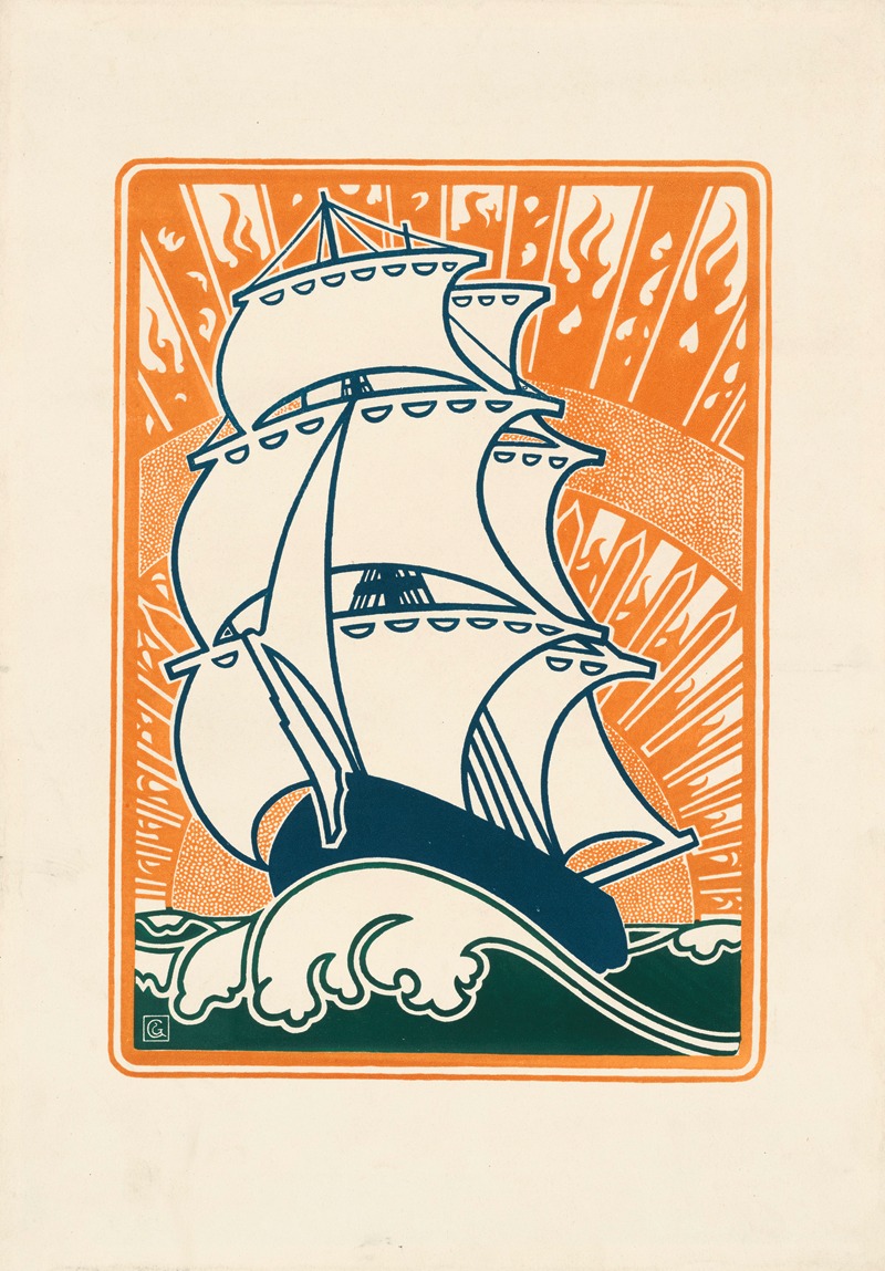Großes Segelschiff vor Sonne am Horizont — Ghisbert Combaz