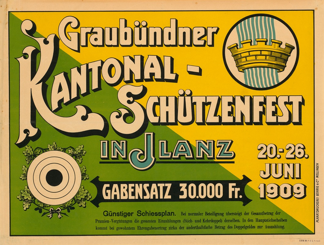 Graubündner Kantonal-Schützenfest 1909 by Plakatdruckerei Gehrig & Co., 1909 — digital art print download