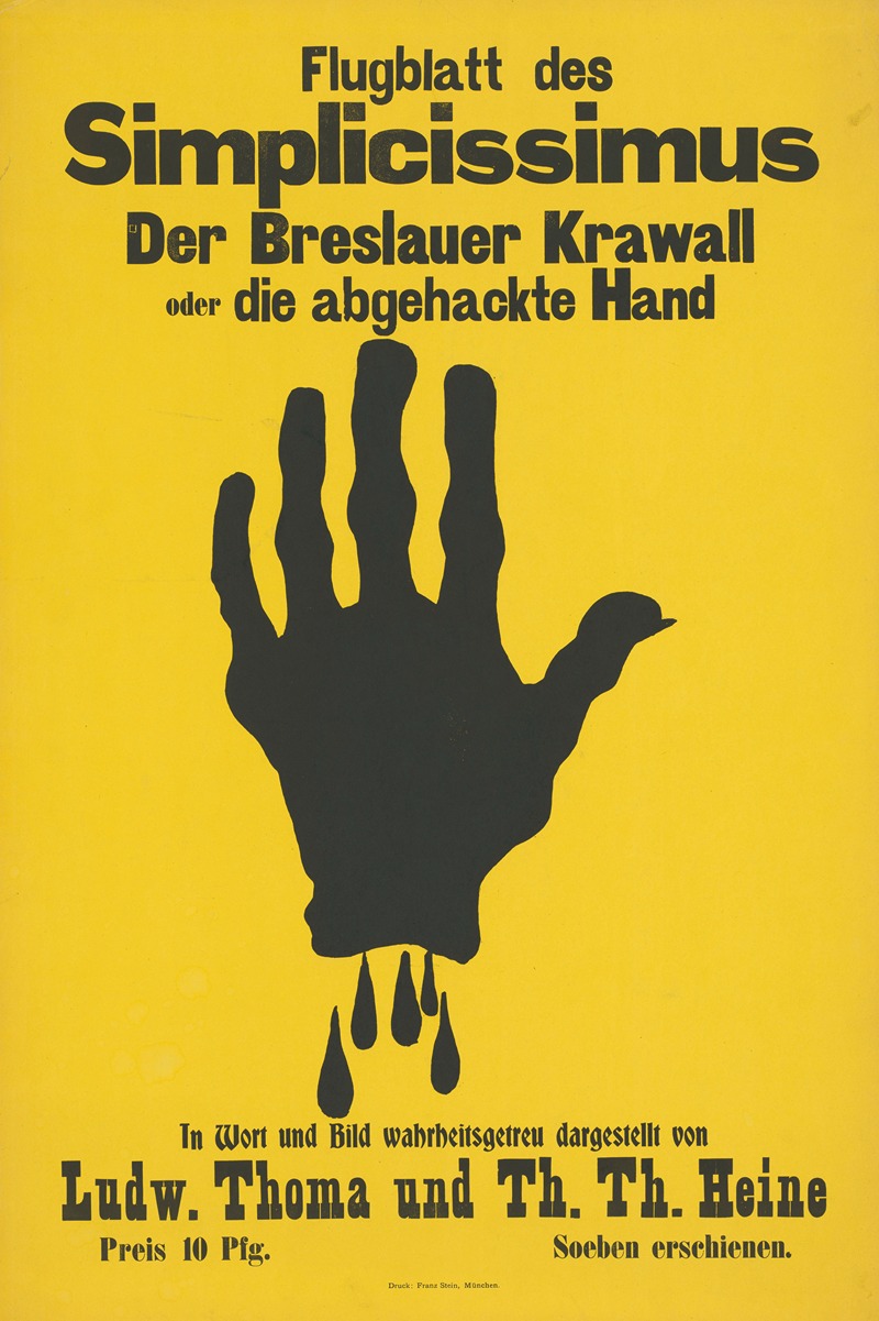 Flugblatt des Simplicissimus. Der Breslauer Krawall oder die abgehackte Hand by Томас Теодор Хейн, 1907 — digital art print…