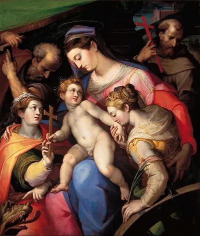 The Holy Family, With St Catherine Of Alexandria, St Margaret Of Antioch And St Francis Of Assisi by Orazio Samacchini —…