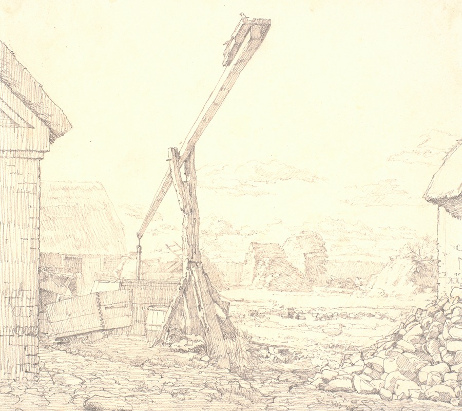 Brøndvippe i en bondegård, solskin — Christen Købke