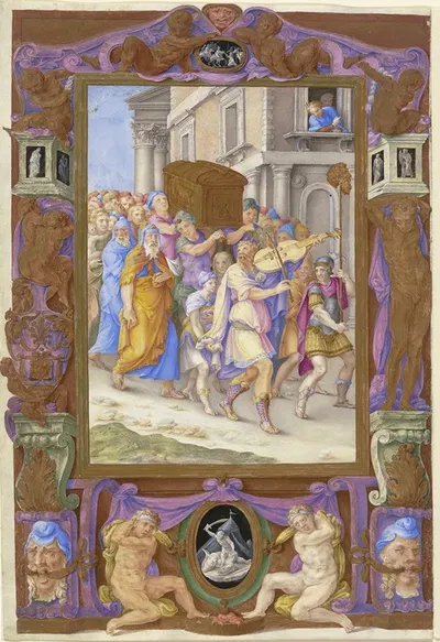 King David Dancing before the Ark of the Covenant, in a Decorative Frame by Giulio Clovio — digital art print download