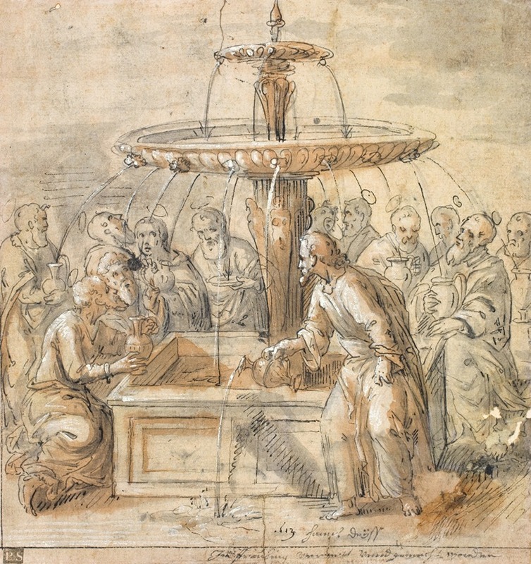 Helgener med krukker omkring fontæne — Jan Deys