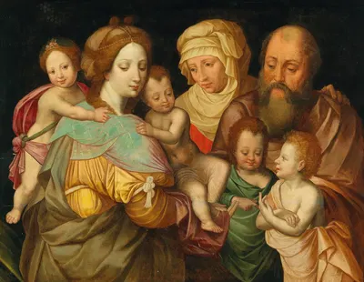 The Holy Kinship, Anna and Joachim with Maria Cleophas and her four sons by Vincent Sellaer — digital art print download