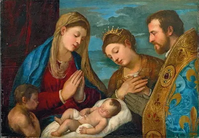 Madonna and Child with Saint John, Saint Catherine and Saint Louis of Toulouse by Follower of Titian — digital art print…