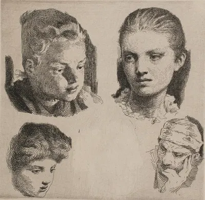 Prøveplade; Fem hoveder by Франс Шварц, 1898 - 1899 — digital art print download
