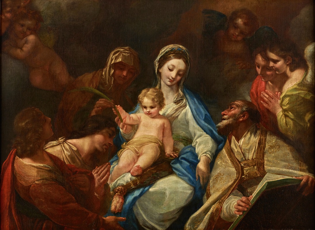 Madonna mit Kind, Heiligen und Engeln by Аноним, 1720 — digital art print download