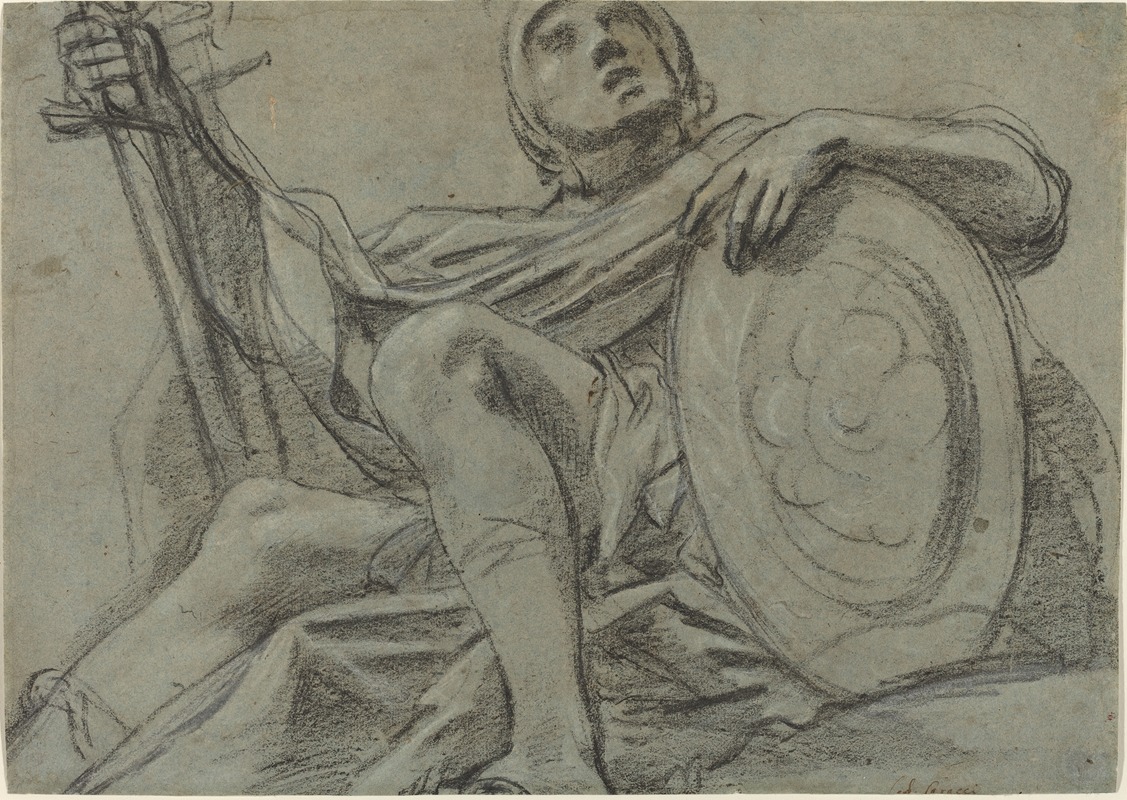 Seated Warrior Holding a Sword and Shield (recto) by Giacomo Cavedone, c. 1612 — digital art print download