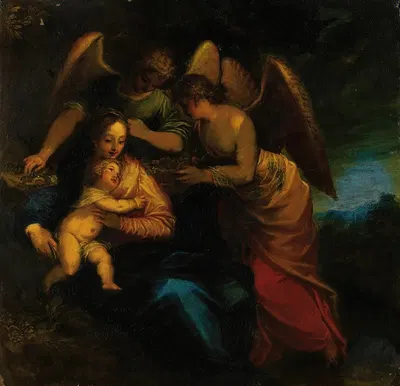 Madonna and child surrounded by angels by Hans Rottenhammer — digital art print download