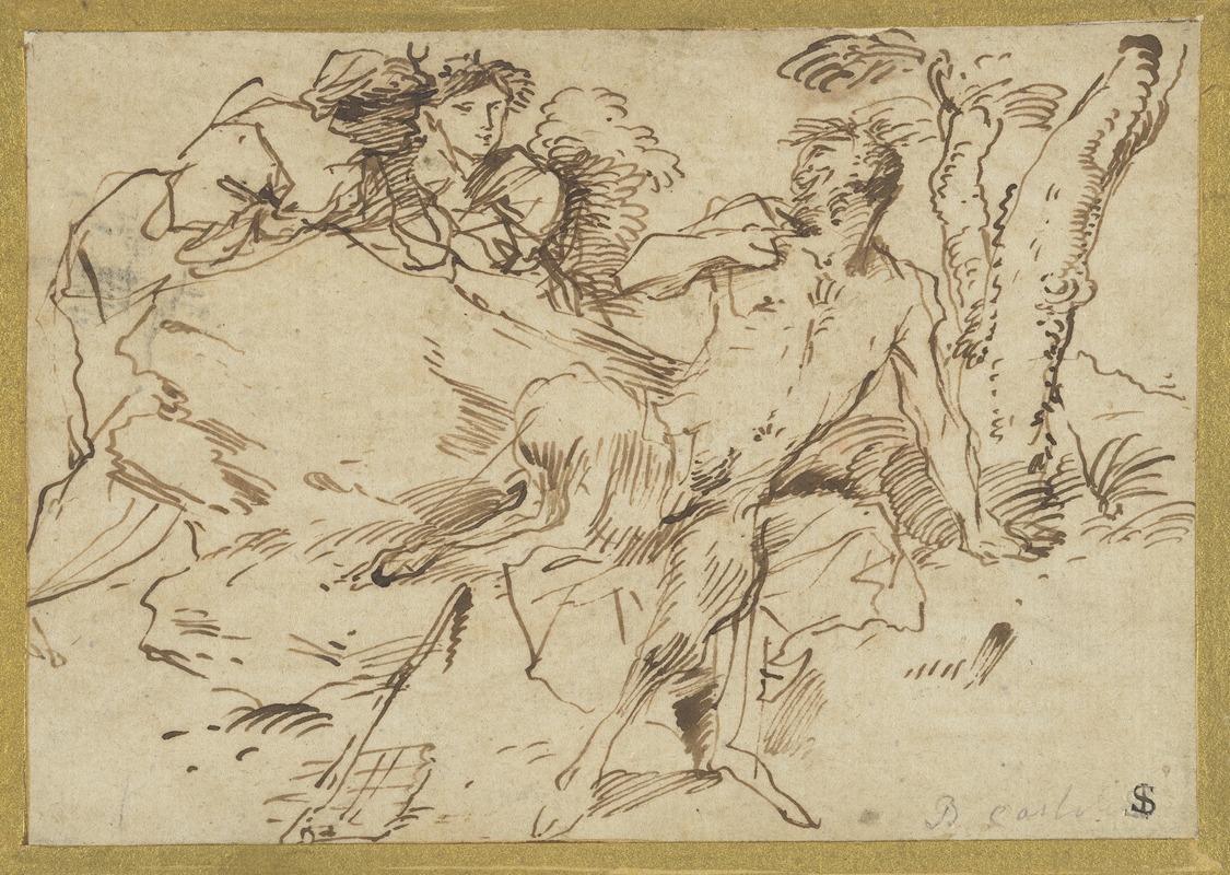 Two Nymphs and a Satyr by Джованни Бенедетто Кастильоне, 1640-1647 — digital art print download