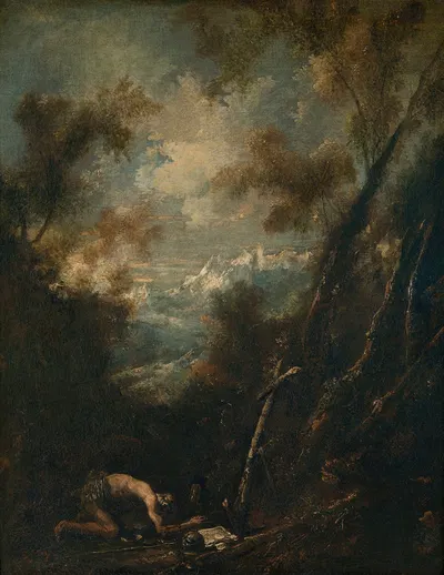 Saint Jerome in a Landscape by Алессандро Маньяско — digital art print download