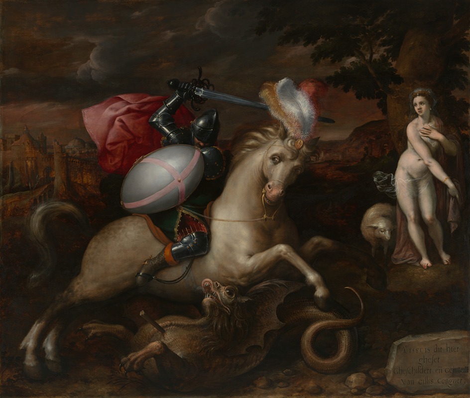 Saint George Defeating the Dragon by Гиллис Койне, 1581 — digital art print download