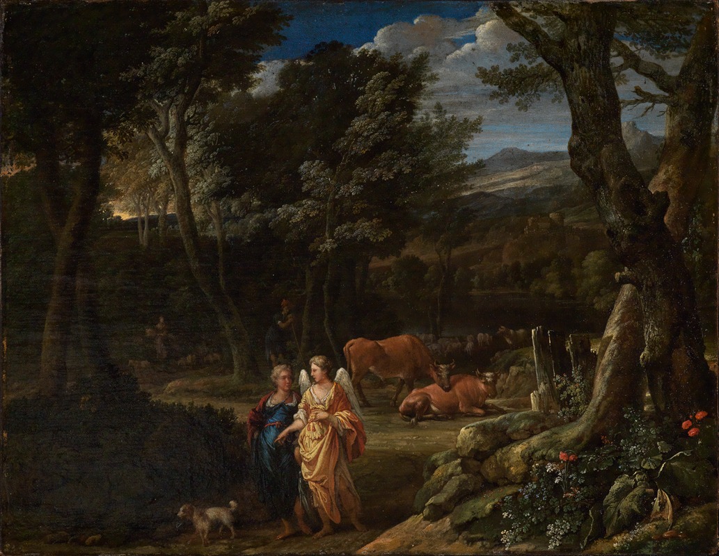 Tobias mit dem Engel in Waldlandschaft — Eglon van der Neer