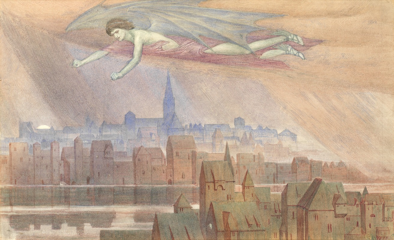 Lucifer flying over the city by Sydney Harold Meteyard — digital art print download