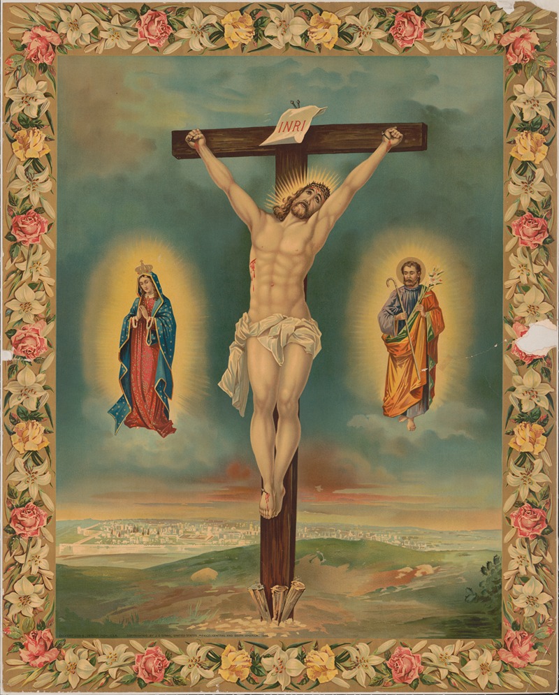 Crucifix with saints and flower garland frame — Calvert Litho. Co