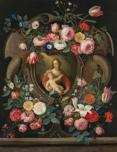 The Virgin and Child in a sculpted cartouche, surrounded by garlands of flowers by Jan Van Kessel The Elder — digital art…