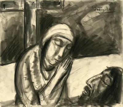 Aan de rechterkant ziet men het hoofd van Jezus en in het midden een vrouw die wenend is aan het bidden by Эжен Ван Мигем —…
