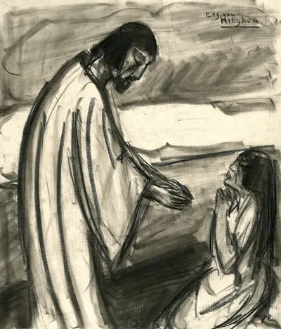 Jezus staat voor het meisje dat om vergiffenis vraagt. by Эжен Ван Мигем — digital art print download