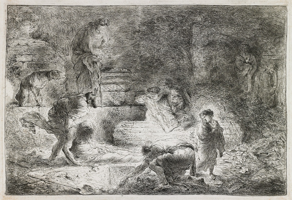 Tobit Burying the Dead by Джованни Бенедетто Кастильоне, c. 1650 — digital art print download