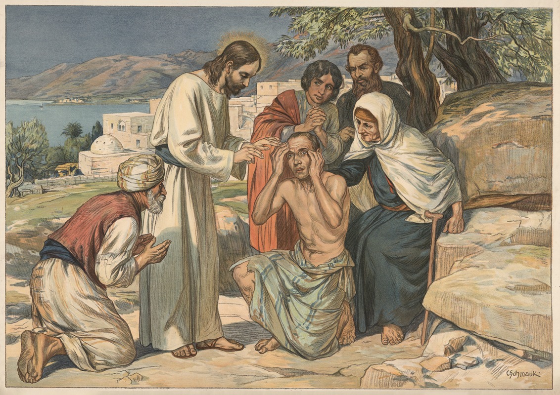 Jesus heals the blind man by Carl Schmauk, 1908 — digital art print download