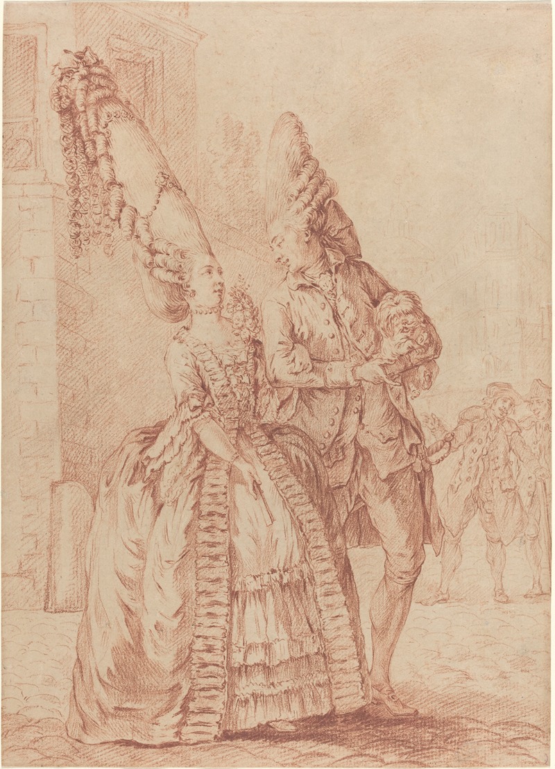 A Lady and Gentleman with Exaggerated Headdresses — Pierre Thomas Le Clerc