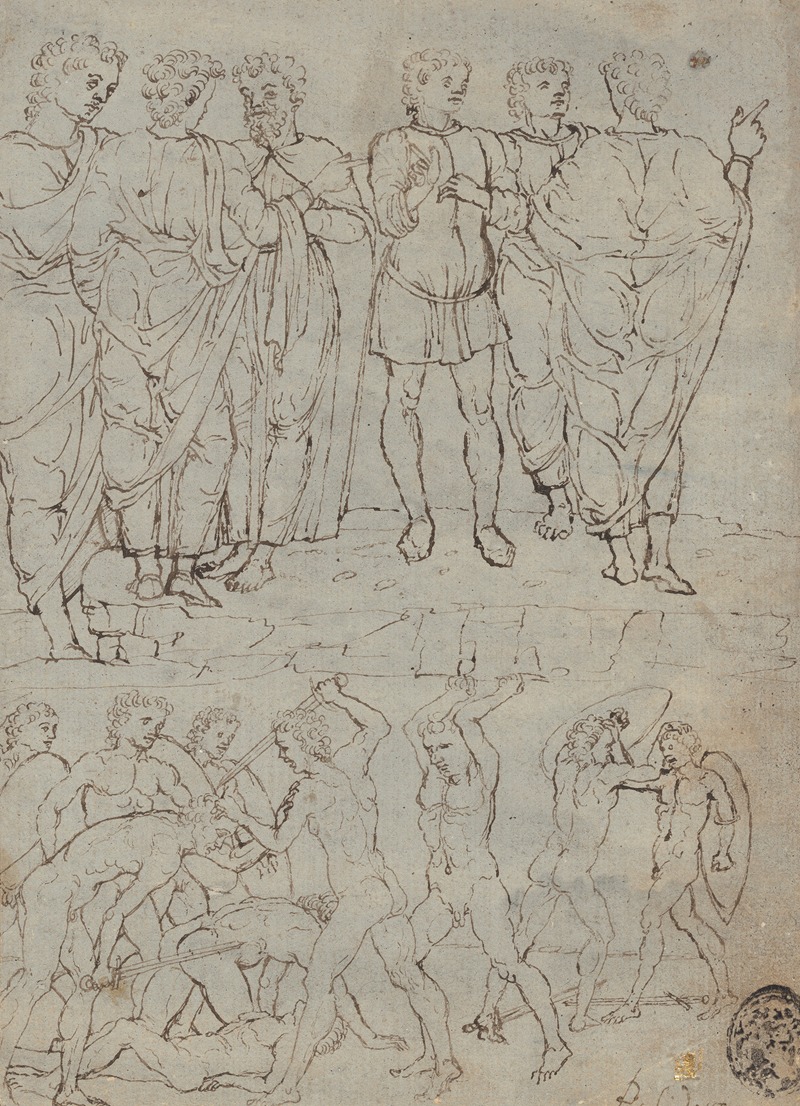 Six Conversing Men and Ten Battling Nudes — Studio of Francesco Squarcione