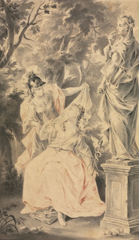 Allegorical Scene: Couple before a Statue by F. Müller — digital art print download