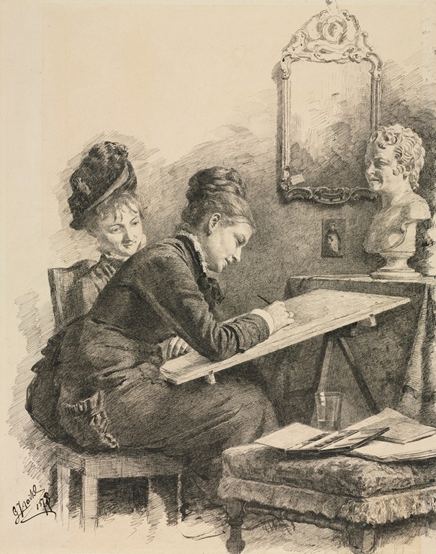 Two Women Sketching a Sculpture — Габриэль фон Хакль